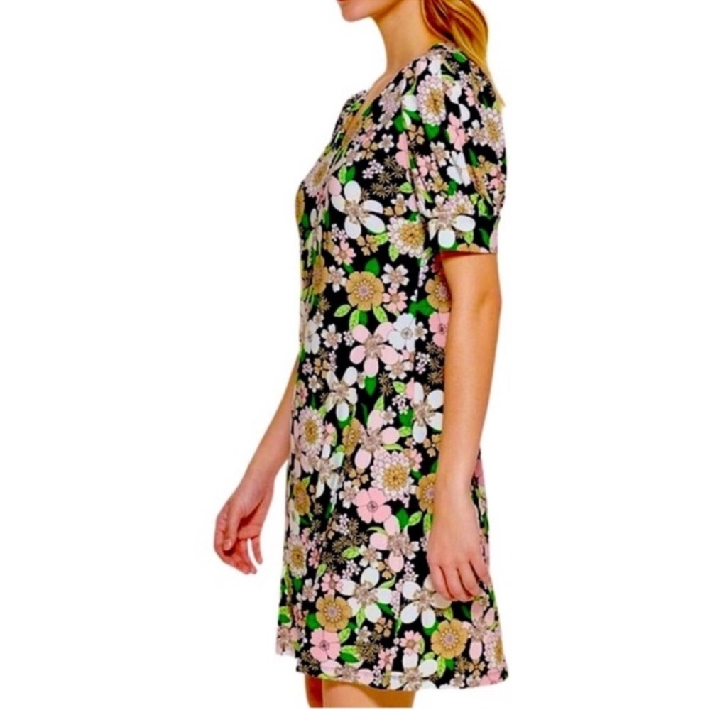 Tommy Hilfiger Short Sleeve Dress Floral V-neck Black Green Pink Tan Size 10 - Picture 2 of 10